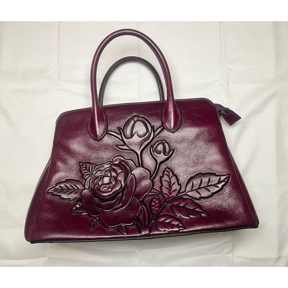 Leather Classic Embellished Floral Red/Plum Satchel - Picture 1 of 13